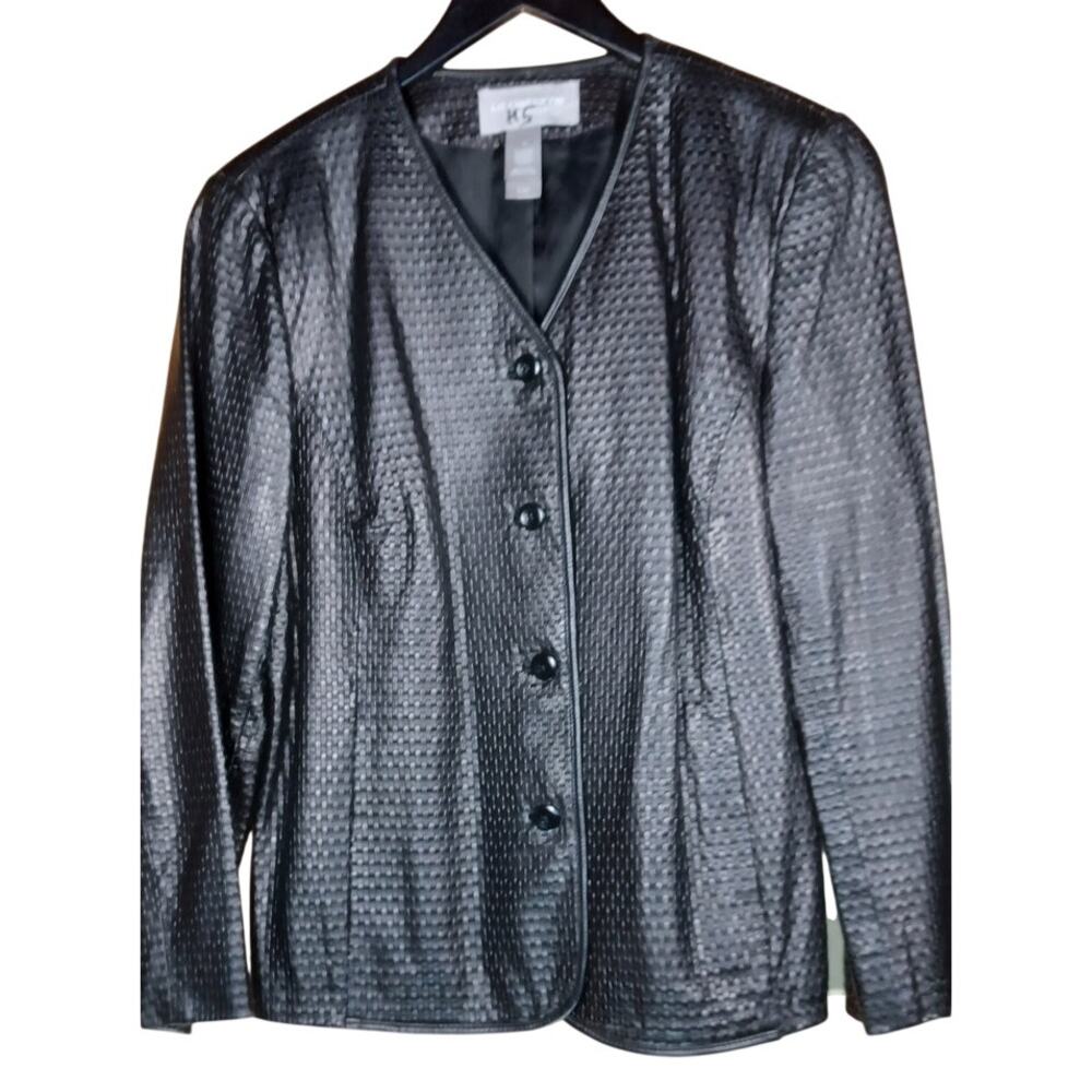 VTG Liz Claiborne Women's Black Woven Leather Blazer Jacket Size 10 Classic Goth